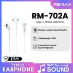 REMAX RM-702A Type-C Wired Super bass  Earphone - White - Image 2
