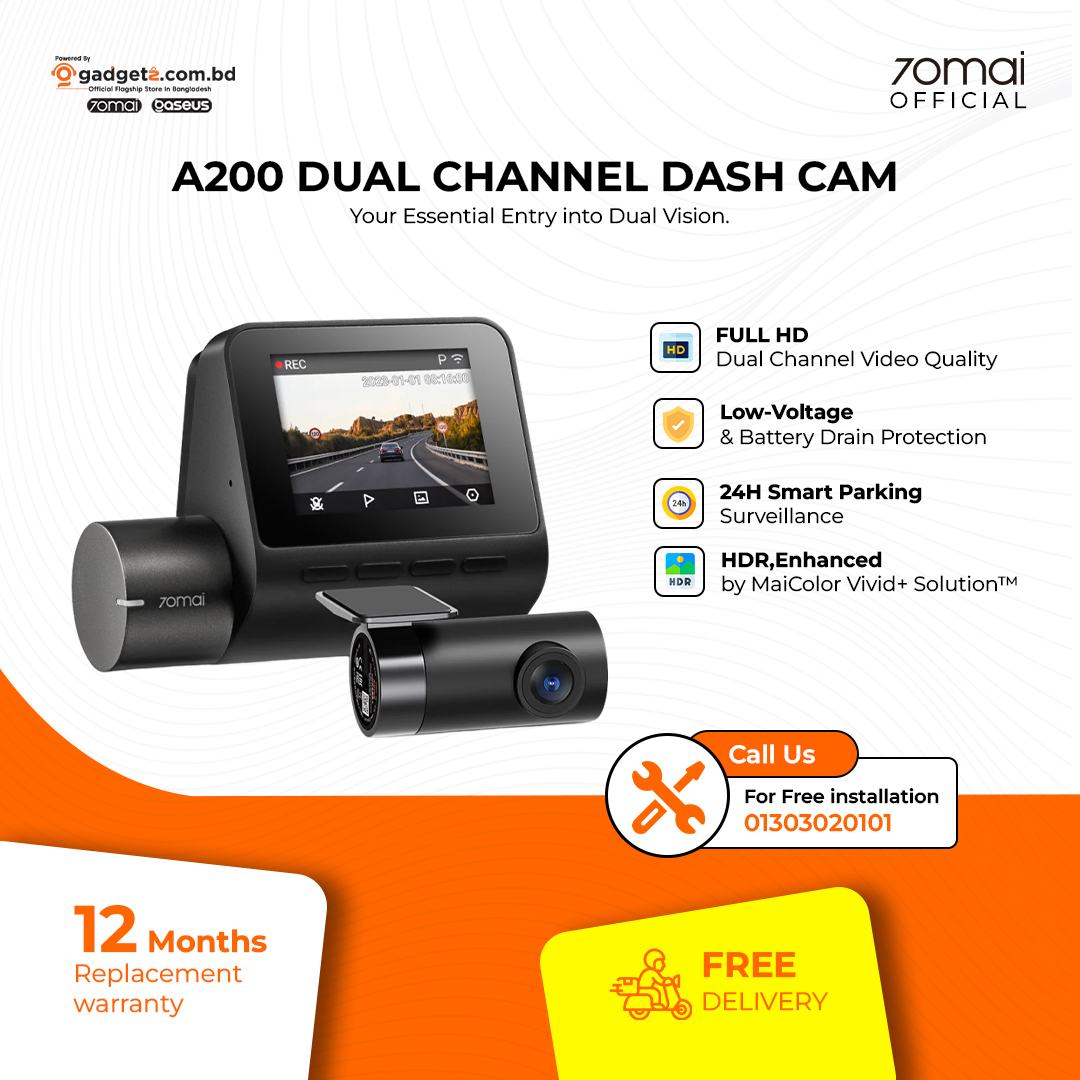 70mai-A200-Dash-Cam-Dual-Channel 70Mai A200 Full HD Front & Back Dual Channel Car Dash Camera - Image 1