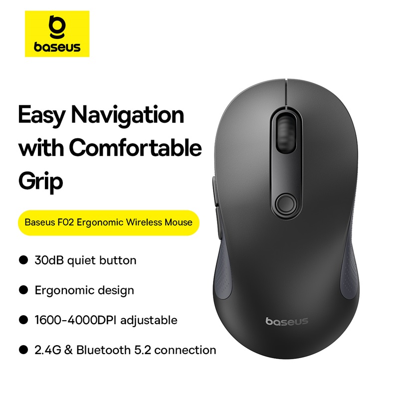 B01055505111-01-1 Baseus F02 Ergonomic Wireless Mouse Moon Black B01055505111-01 - Image 1