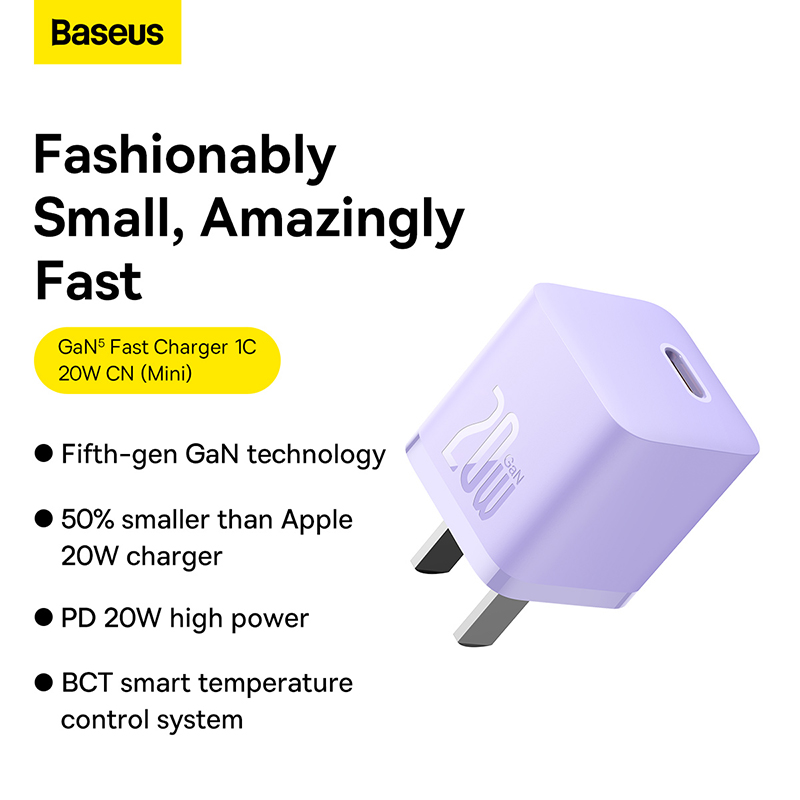 Baseus-Charger-20W-For-Apple-Iphone-14-13-12-11-Series-GaN5-Fast-Charger-1C-CN-Set-Black-Type-C-to-iP-PD-20W-1m-Cable-Purple-CCGN040105-1 Baseus Charger 20W For Apple Iphone 14 13 12 11 Series GaN5 Fast Charger 1C CN Adapter Purple CCGN040005 - Image 1