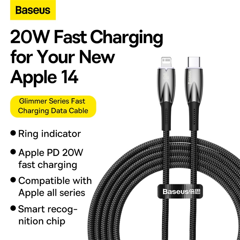 Baseus-Glimmer-Series-Fast-Charging-Data-Cable-Type-C-to-iP-20W-2m-Black-CADH000101-17 Baseus Charging Cable PD For Iphone 14 13 12 11 Glimmer Series Fast Charging Data Cable Type-C to Lightning iP 20W 2m Black CADH000101 - Image 1