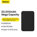 Baseus Power Bank 20000mAh 20W Magnetic Mini Wireless Fast Charge Power Bank  Black For Iphone 15 14 13 12 Series PPCX150001