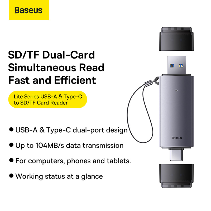 Baseus-WKQX060113-Lite-Series-USB-A-Type-C-to-SDTF-Card-Reader-Grey-1 Baseus Card Reader Dual Output USB-A & Type-C to SD TF Card Reader WKQX060113 Grey - Image 1