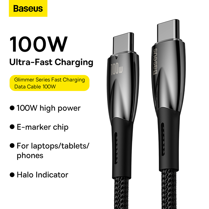 CADH000801-6 Baseus Cable Type-C to Type-C PD Charging 100W Glimmer Series Fast Charging Data Cable 1m BLACK For Phone & Laptop CADH000701 - Image 1
