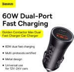 Baseus Car Charger 60W Golden Contactor Max Dual Fast Charger 1usb 1Type-C Output   Black CGJM000113