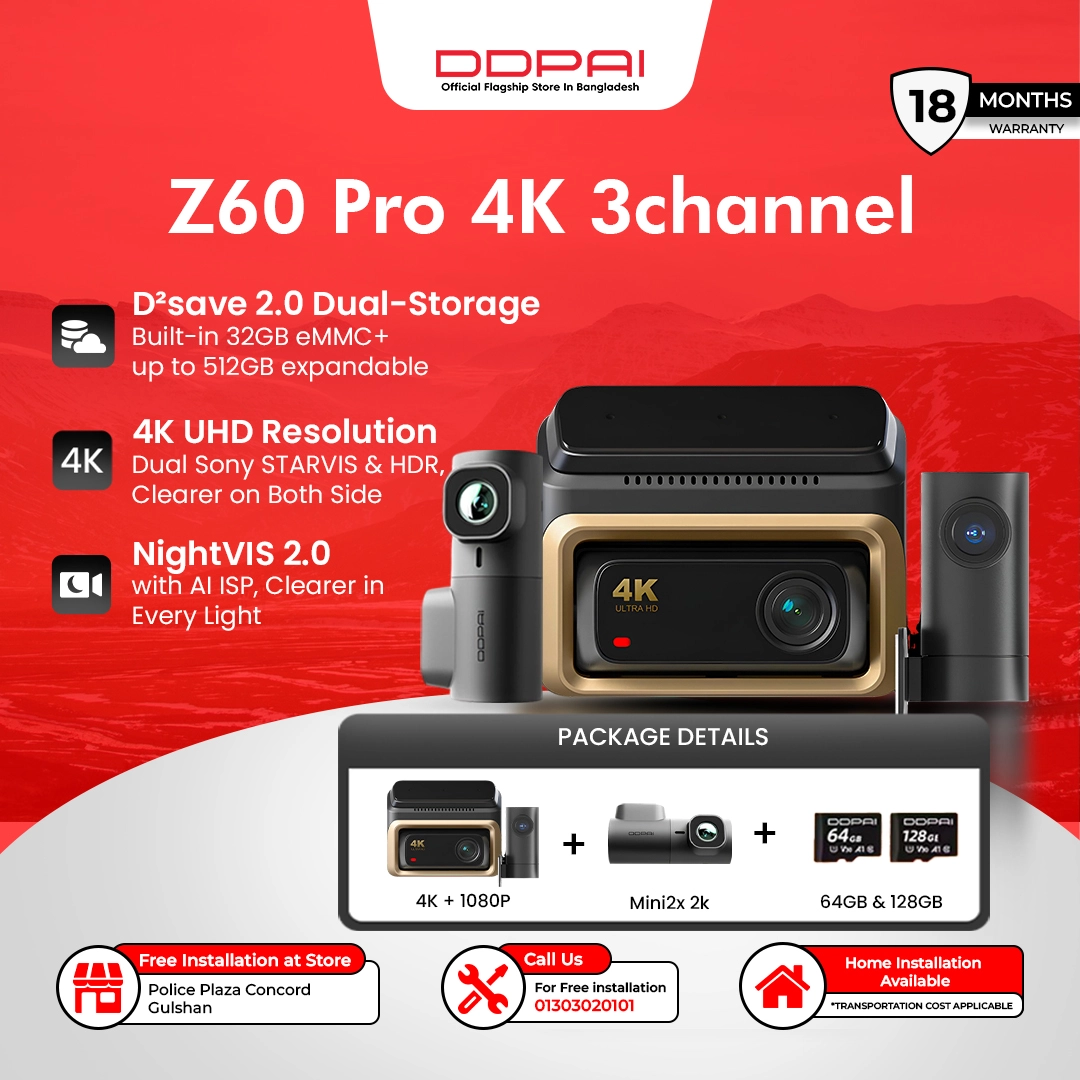 Z60-pro-4K-3-channel-64gb-128-gb-3 DDPAI Dash Camera 4G Z60 Pro 4K 3 Channel Front & Back 32GB Built-in Memory & 128GB Memory -18 Months Warranty - Image 1