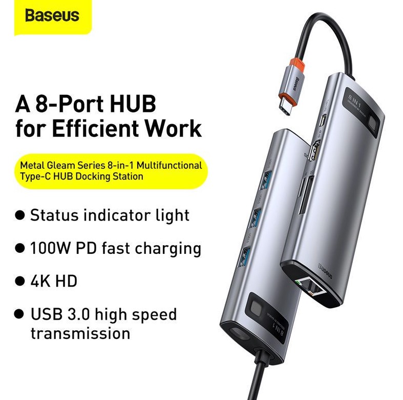 baseus-gleam-8-in-1-hub-main BASEUS Metal Gleam Series 8-in-1 Multifunctional Type-C HUB Docking Station CAHUB-CV0G - Dark Grey - Image 1