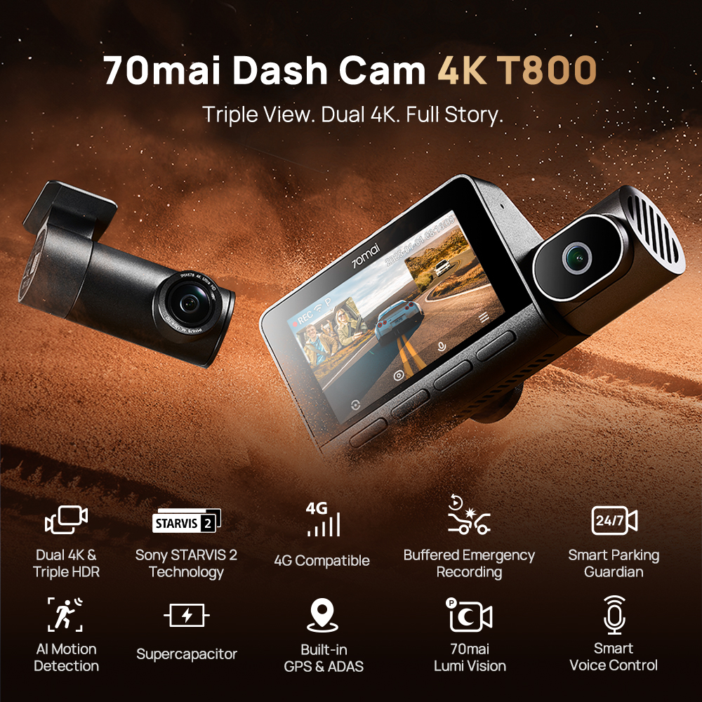 t800-70mai 70mai 3 Channel Dash Camera T800 4K 4G Supported Front Cabin Rear View Voice Controlled Camera With 256GB Memory Card - Image 1